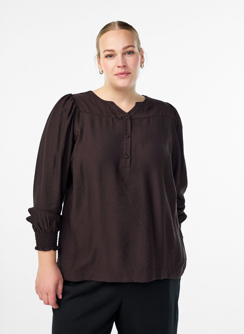Viskoosipusero smock-yksityiskohdilla ja rypyill&auml;, Ruskea, Model image number 0