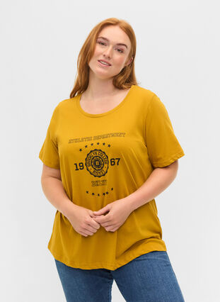 Lyhythihainen puuvillainen t-paita painatuksella, Harvest Gold, Model image number 0