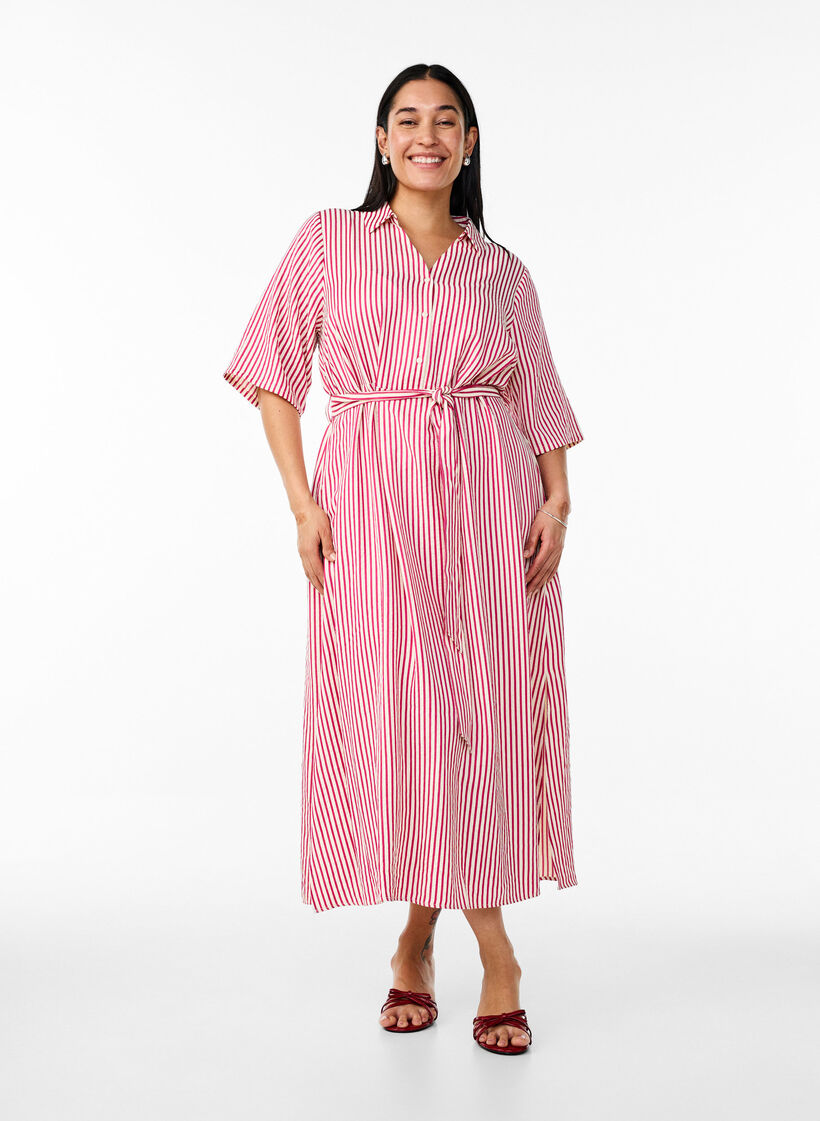 Nilkkapituinen paitamekko, jossa solmittava vy&ouml; ja raitoja, Vaaleanpunainen, Model image number 0