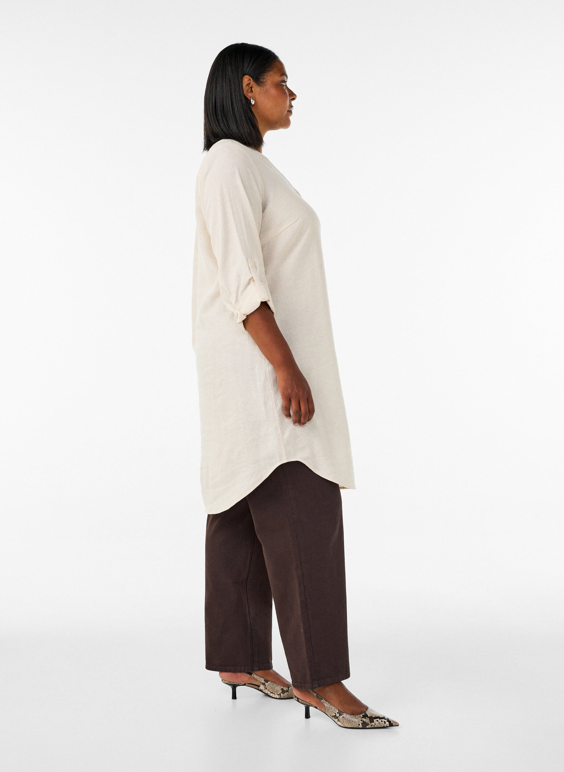 ZizziPitk&auml; paita pellavasta ja viskoosista, Beige, Model image number 3