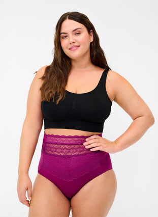 Todella korkeavyötäröiset alushousut pitsillä, Magenta purple, Model image number 1