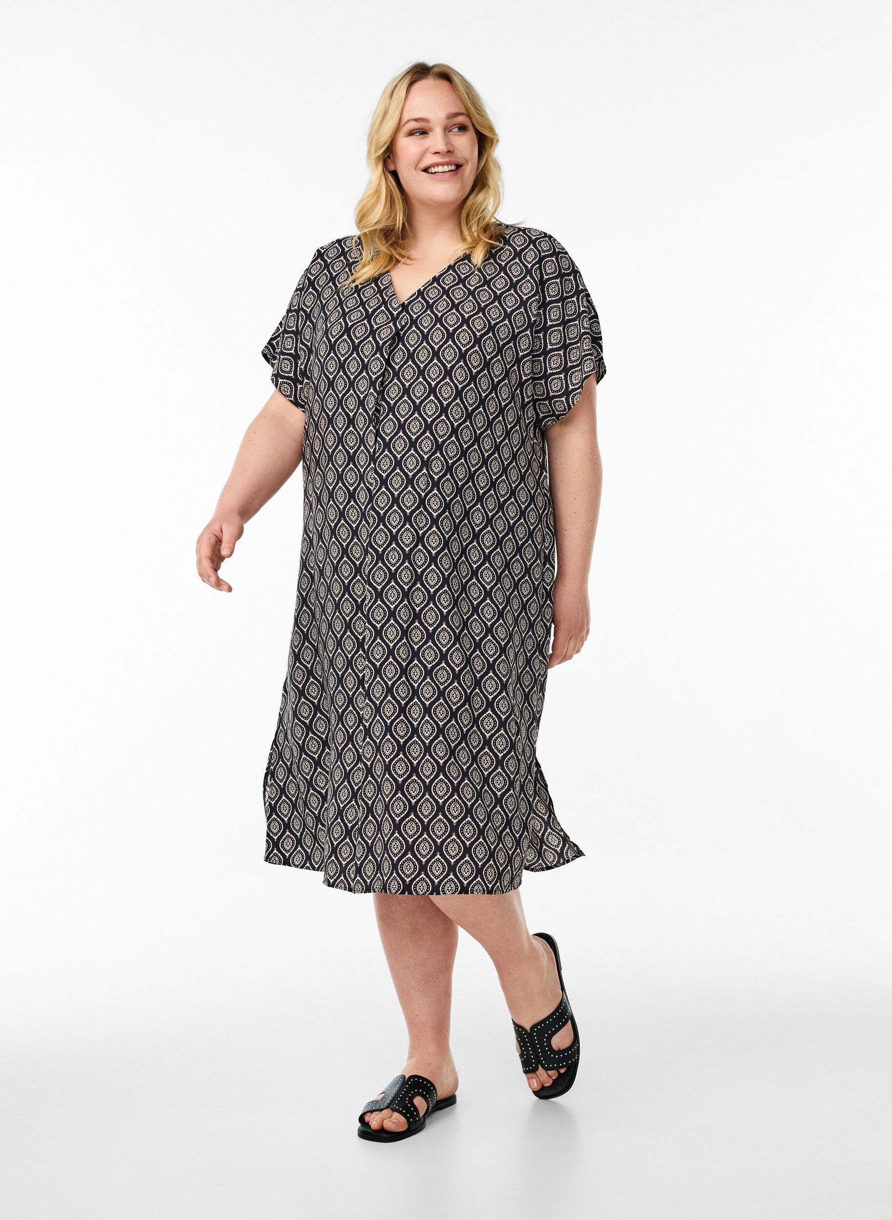 Zizzi Viskoosimekko, jossa on V-p&auml;&auml;ntie, Sininen, Model image number 1