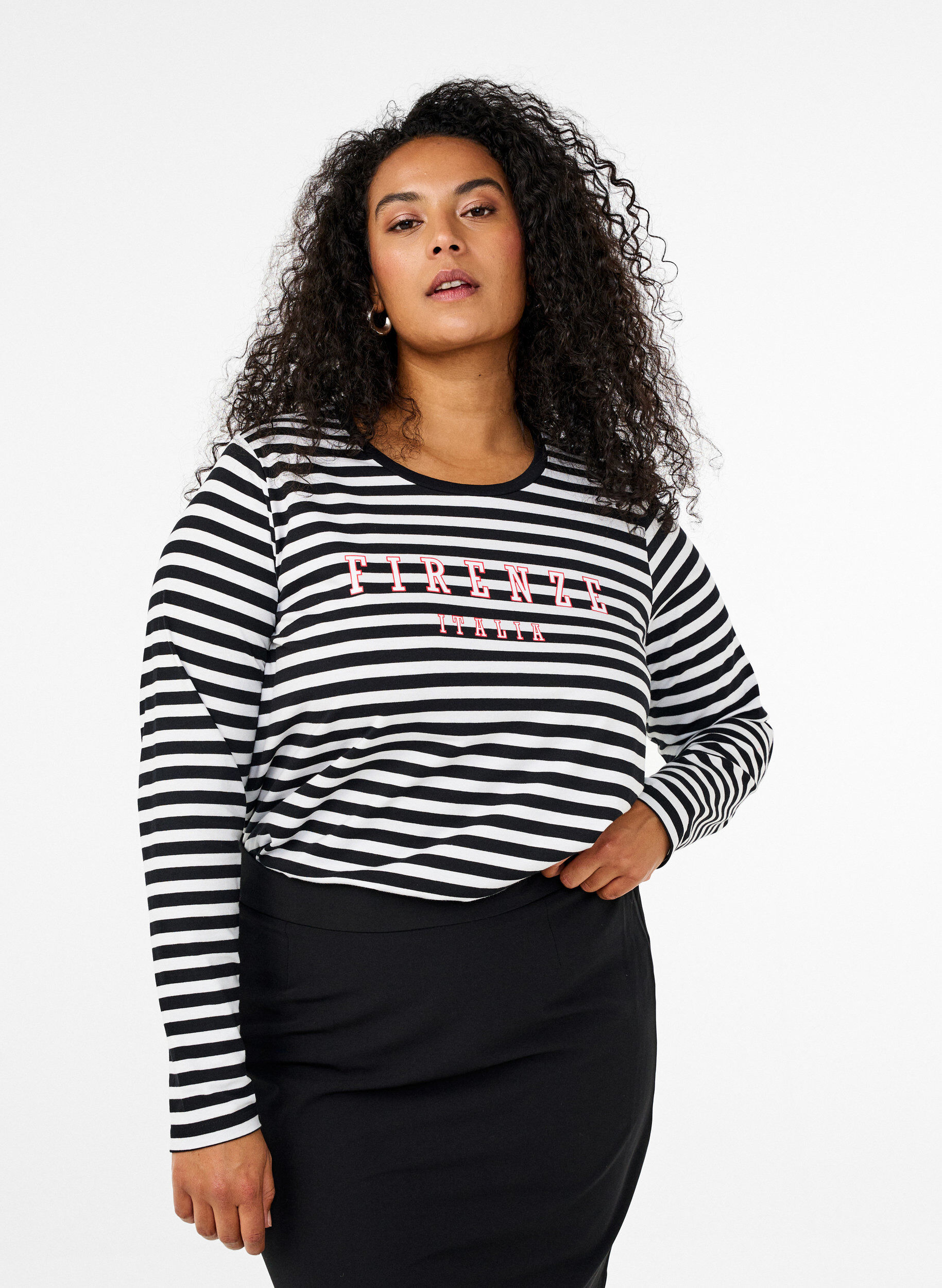 Zizzi Raidallinen pusero printill&auml;, White w.Black Stripe, Model image number 0