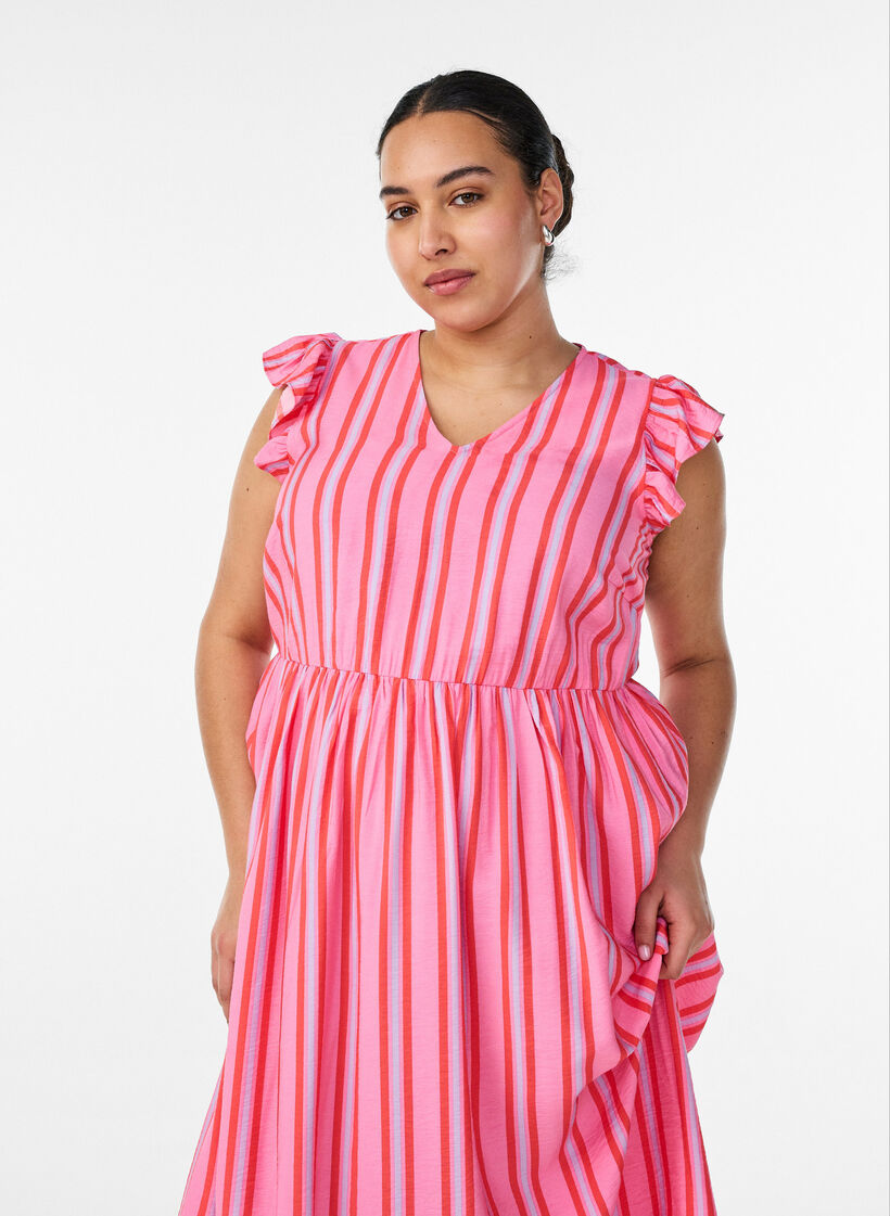 Raidallinen midimekko empire-leikkauksella ja r&ouml;yhel&ouml;ill&auml;, Vaaleanpunainen, Model image number 2