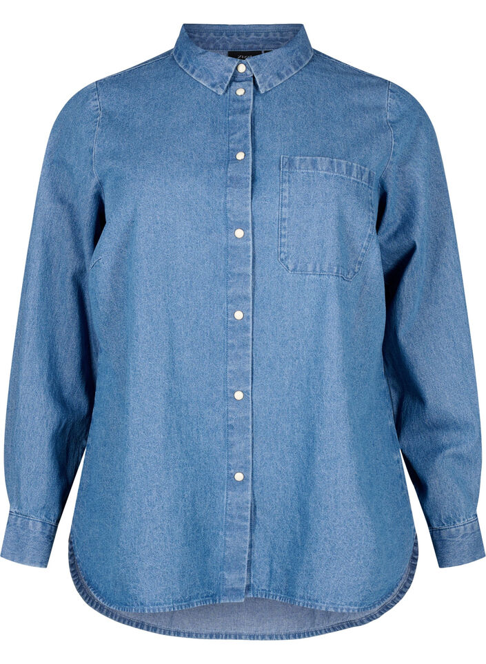 Pitkähihainen farkkupaita rintataskulla, Light Blue Denim, Packshot image number 0