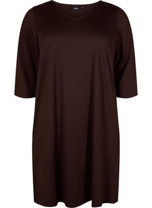 Yksivärinen mekko v-pääntiellä ja 3/4-hihoilla, Coffee Bean, Packshot image number 0
