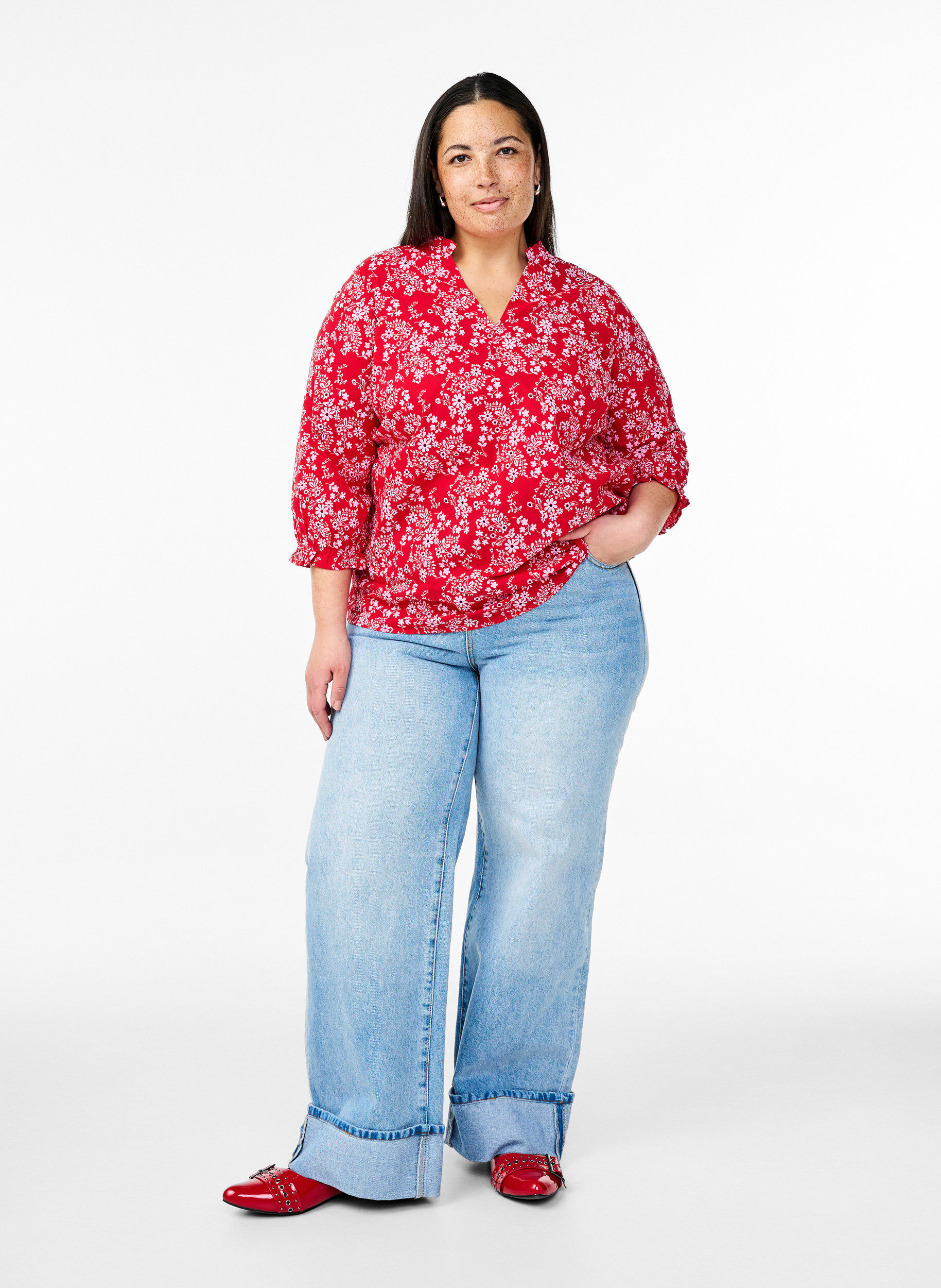 Zizzi Puuvillainen pusero kukkakuviolla, Punainen, Model image number 1