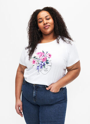 Puuvillainen T-paita, jossa on kukkakuvio ja muotokuva-aihe, B. White Face Flower, Model image number 0