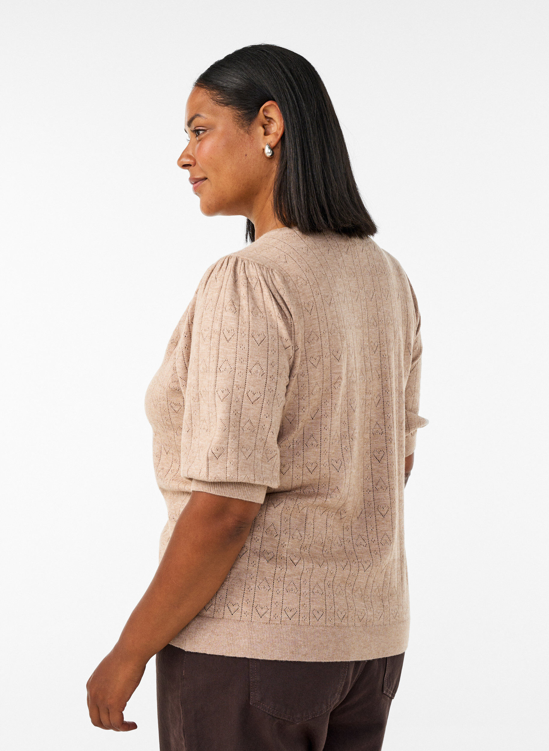 ZizziLyhythihainen neulepusero pointelle-kuviolla, Beige, Model image number 2