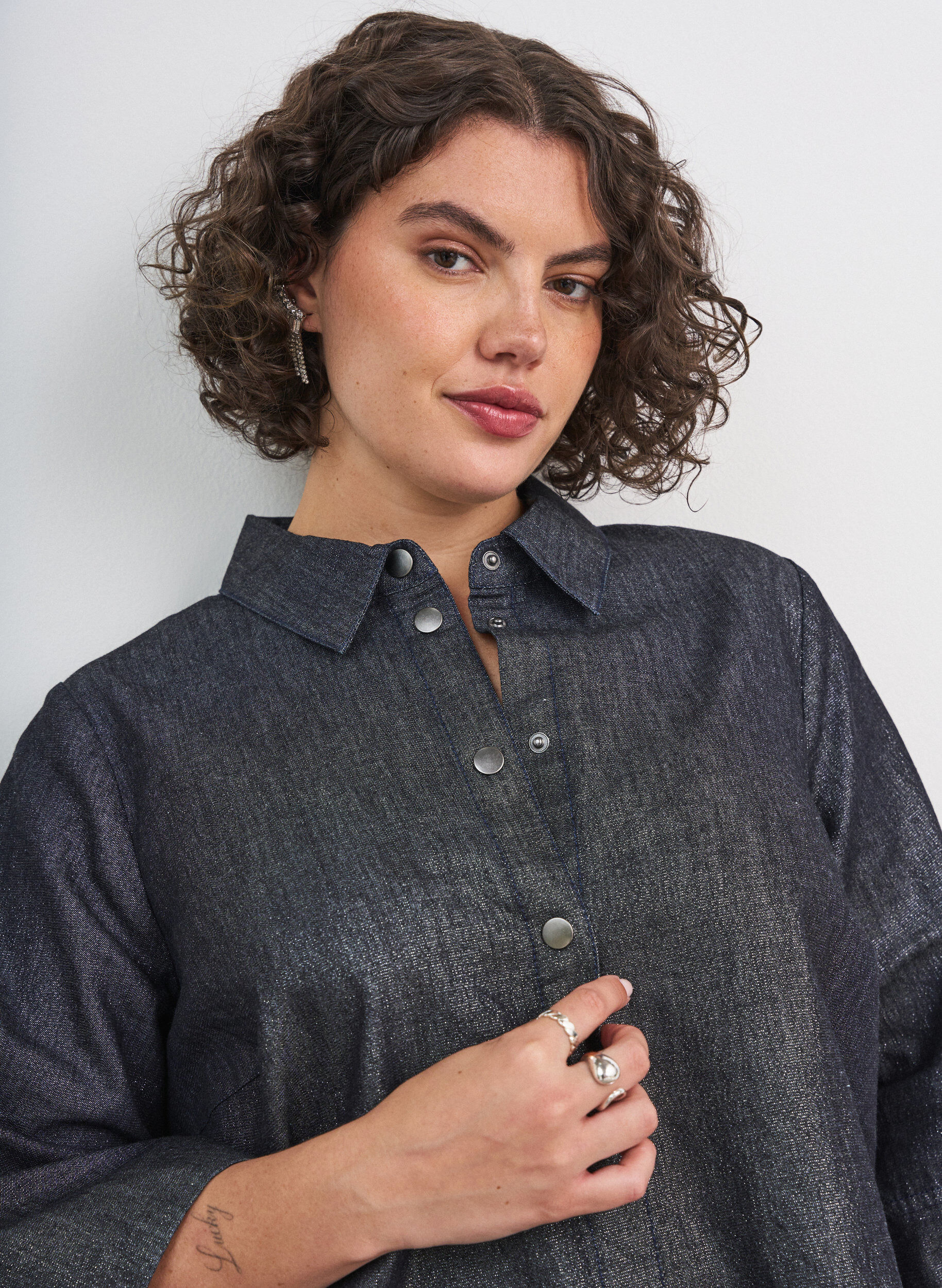 ZizziDenim-paita glitterlangalla ja 3/4-hihat, Harmaa, Model image number 3