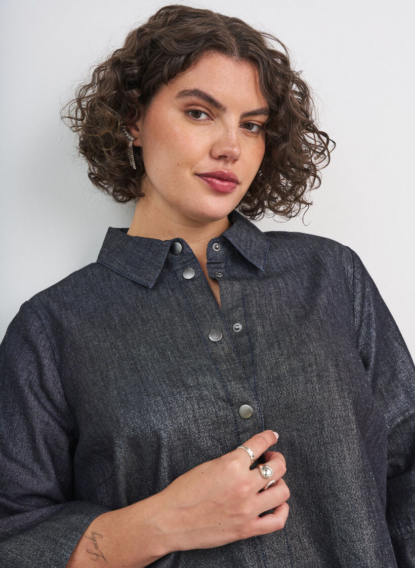 Denim-paita glitterlangalla ja 3/4-hihat, Harmaa, Model image number 3