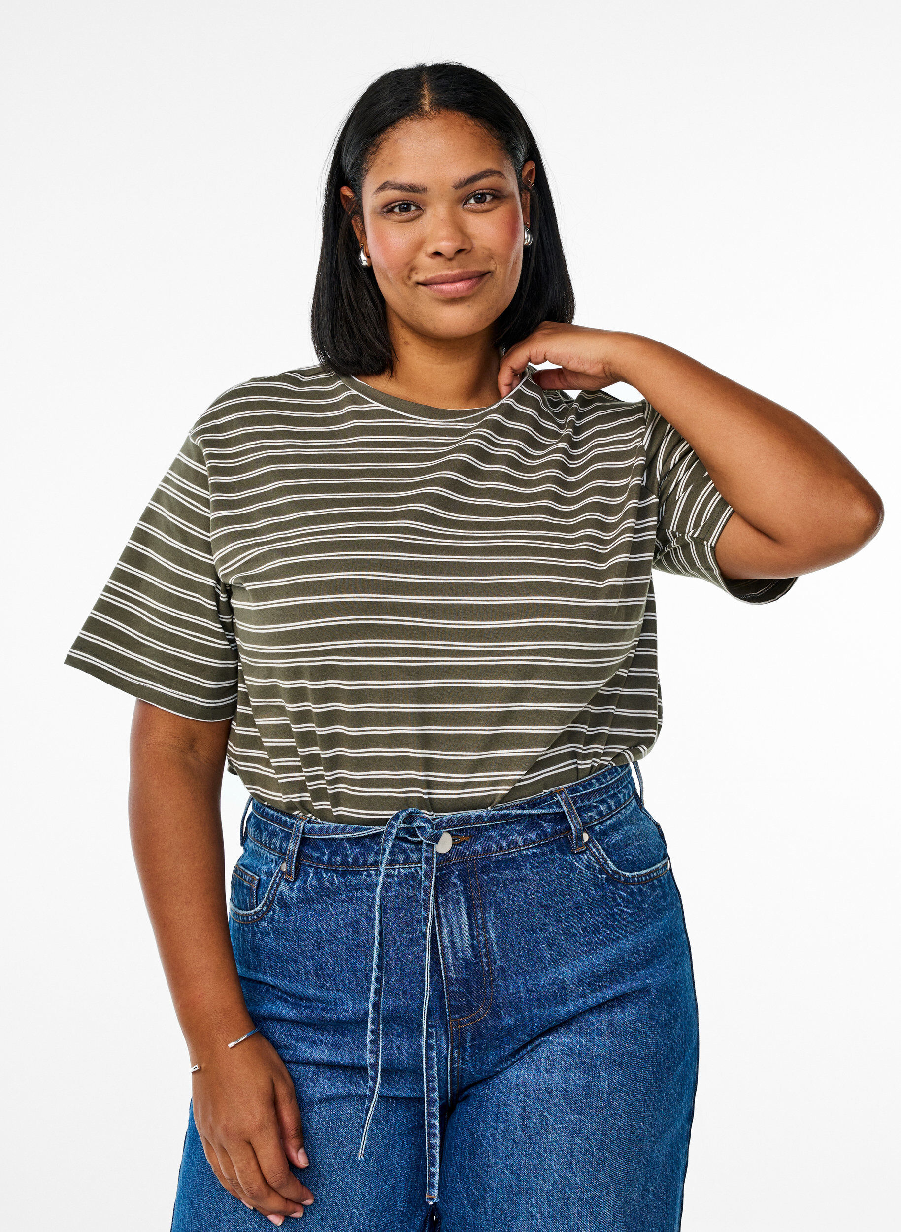 Zizzi Raidallinen t-paita, Vihre&auml;, Model image number 0