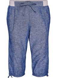 Puuvilla- ja pellavacaprit joustavalla vy&ouml;t&auml;r&ouml;ll&auml; ja kiristysny&ouml;rill&auml;, Sininen