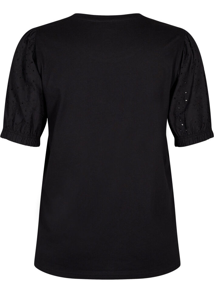 Orgaanisesta puuvillasta valmistettu pusero, jossa on broderie anglaise -hihat, Black, Packshot image number 1