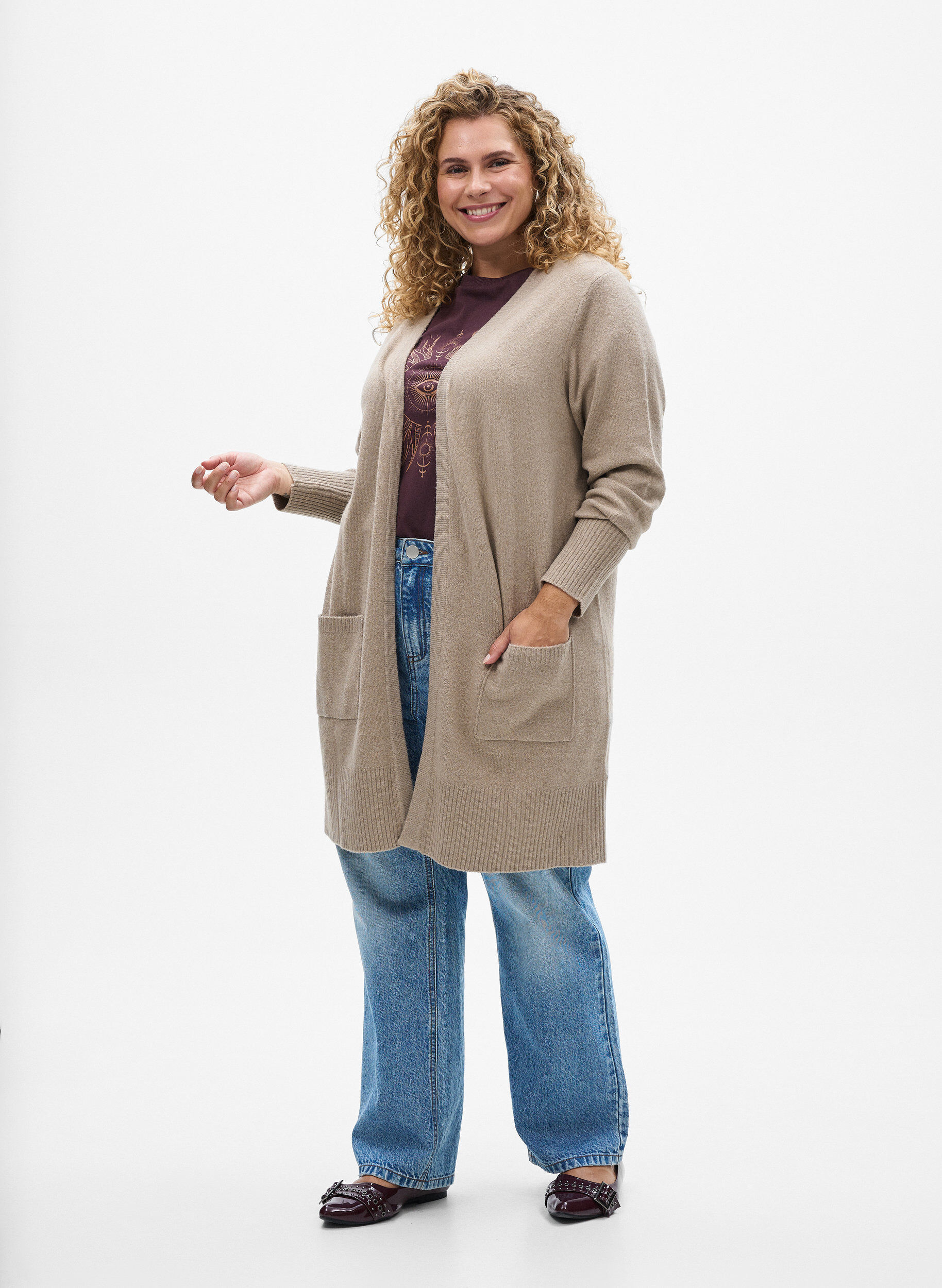 ZizziJoustinneuletakki taskuilla, Beige, Model image number 1