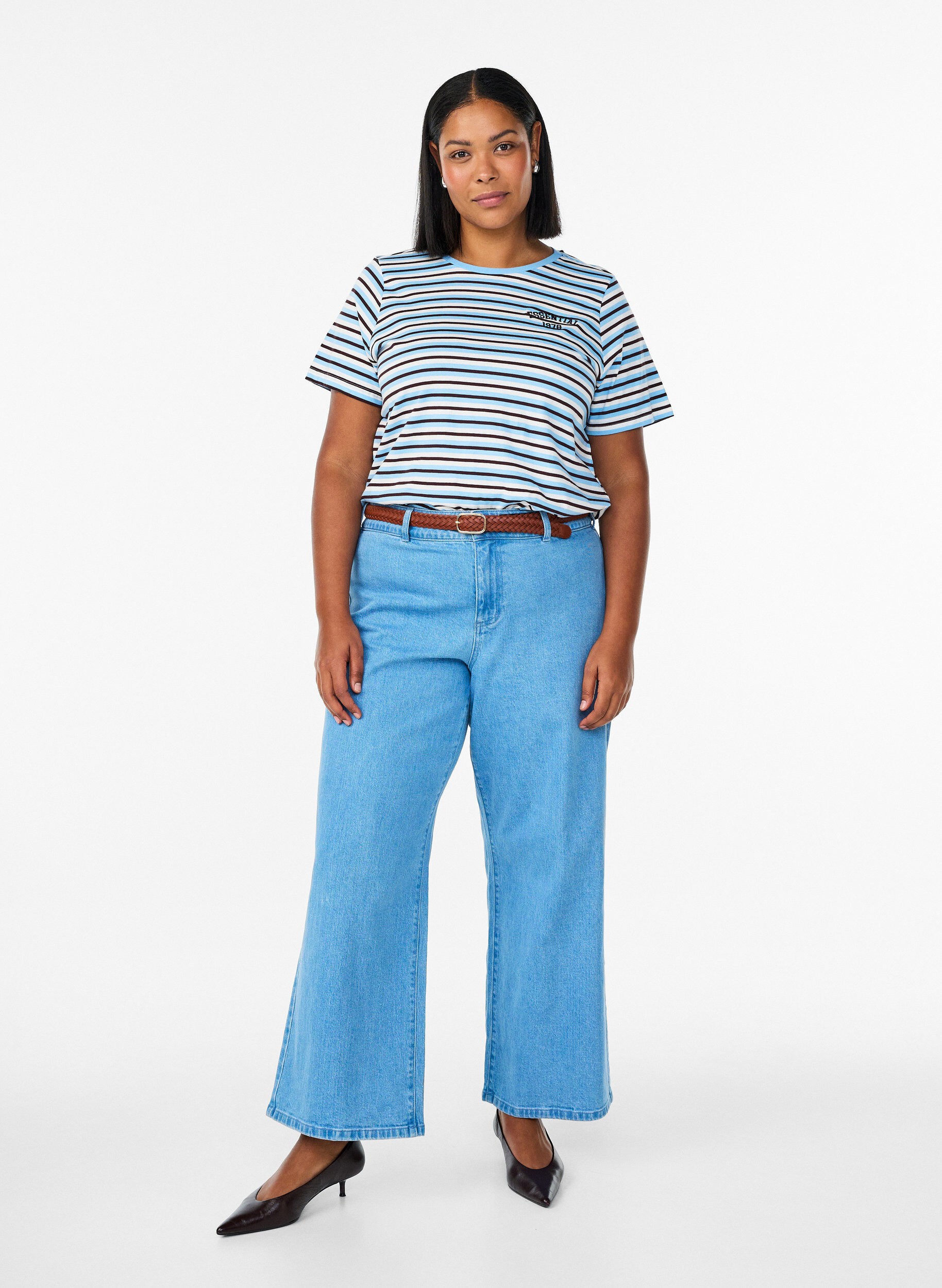 Zizzi Puuvillainen raidallinen t-paita, Sininen, Model image number 1