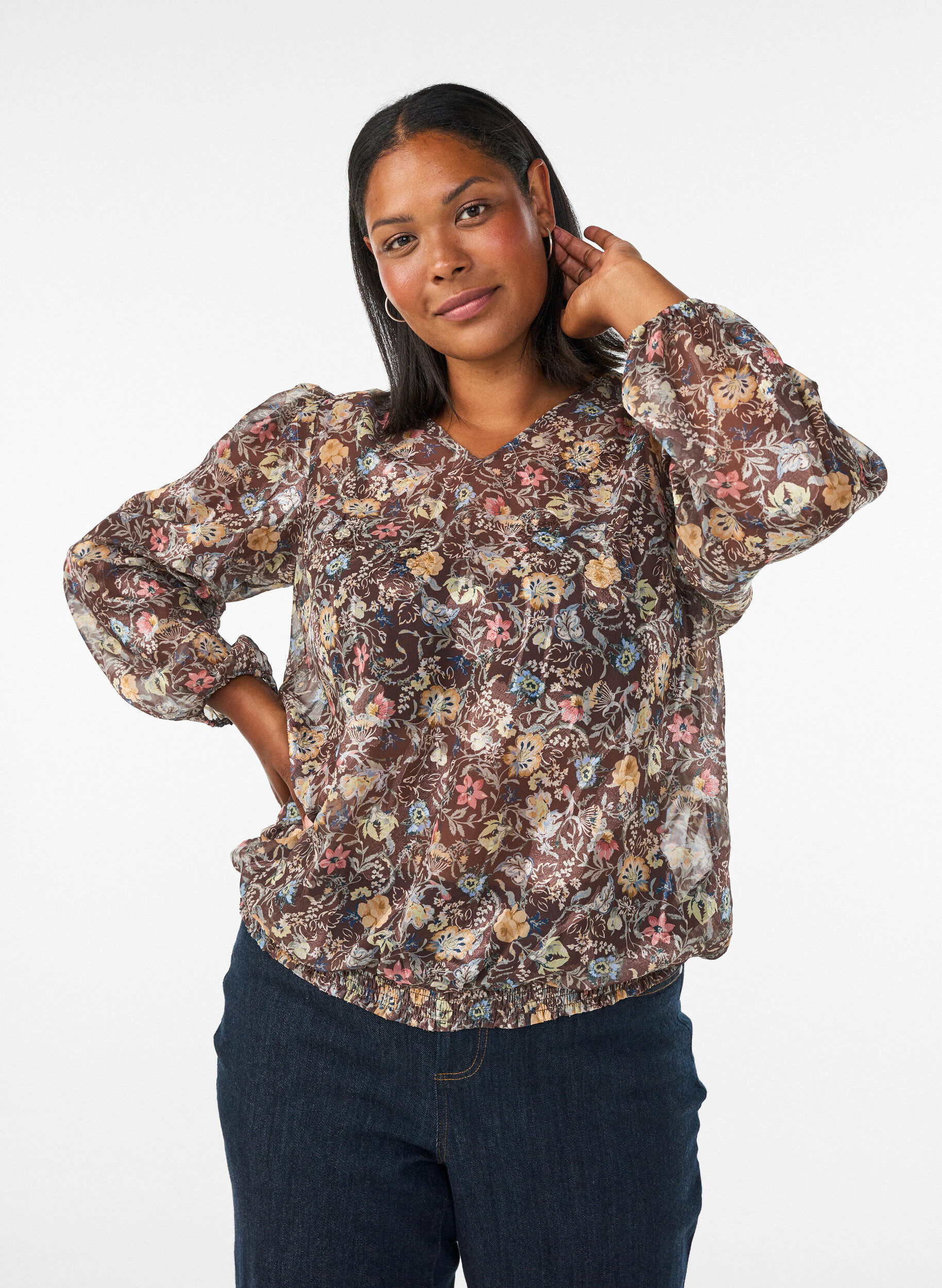 ZizziKukkakuviollinen pusero ja pallohihat, Ruskea, Model image number 0