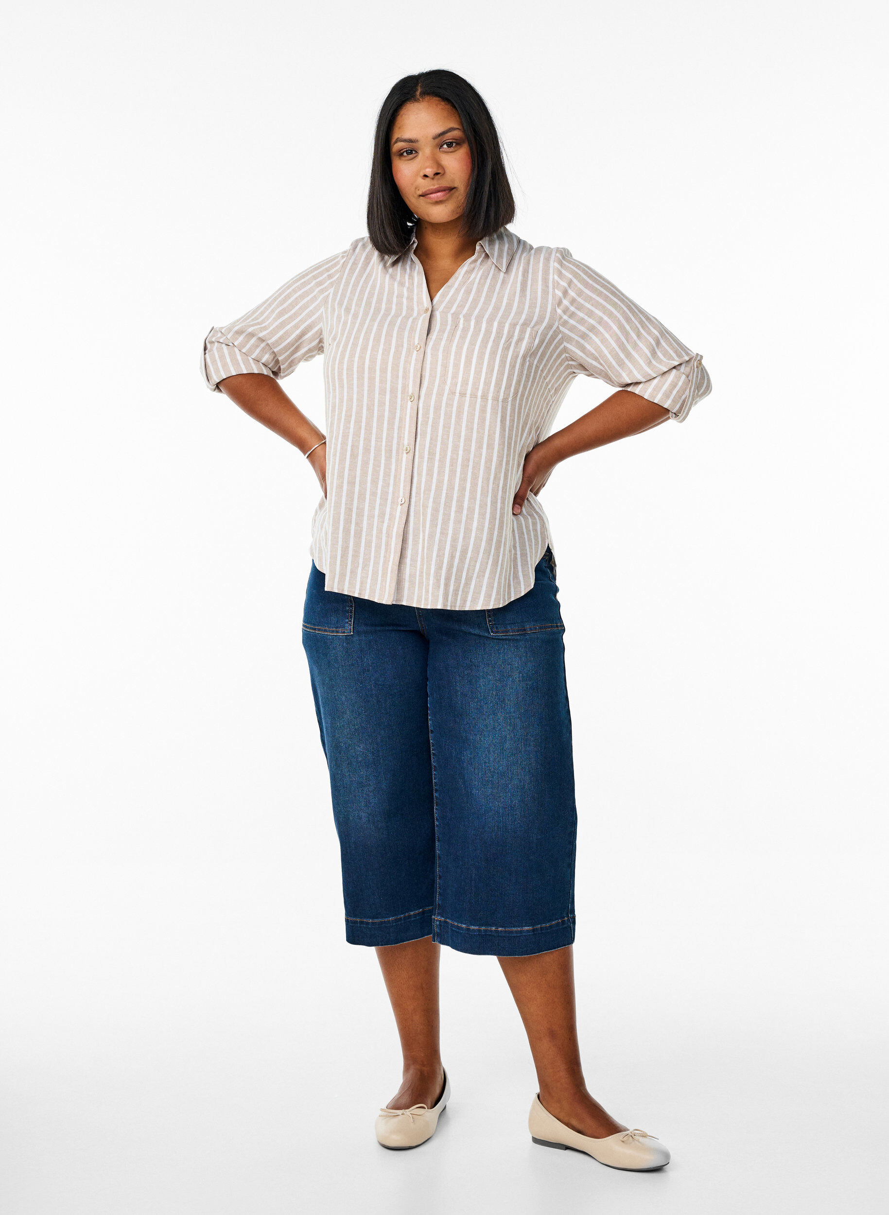 Zizzi Paita pellavaa ja viskoosia, 3/4-hihoilla, Beige, Model image number 1