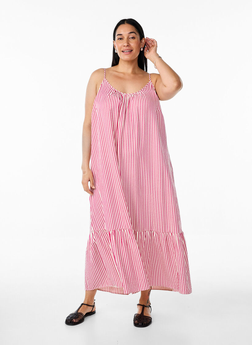 Raidallinen ja A-linjainen kes&auml;mekko, Vaaleanpunainen, Model image number 0
