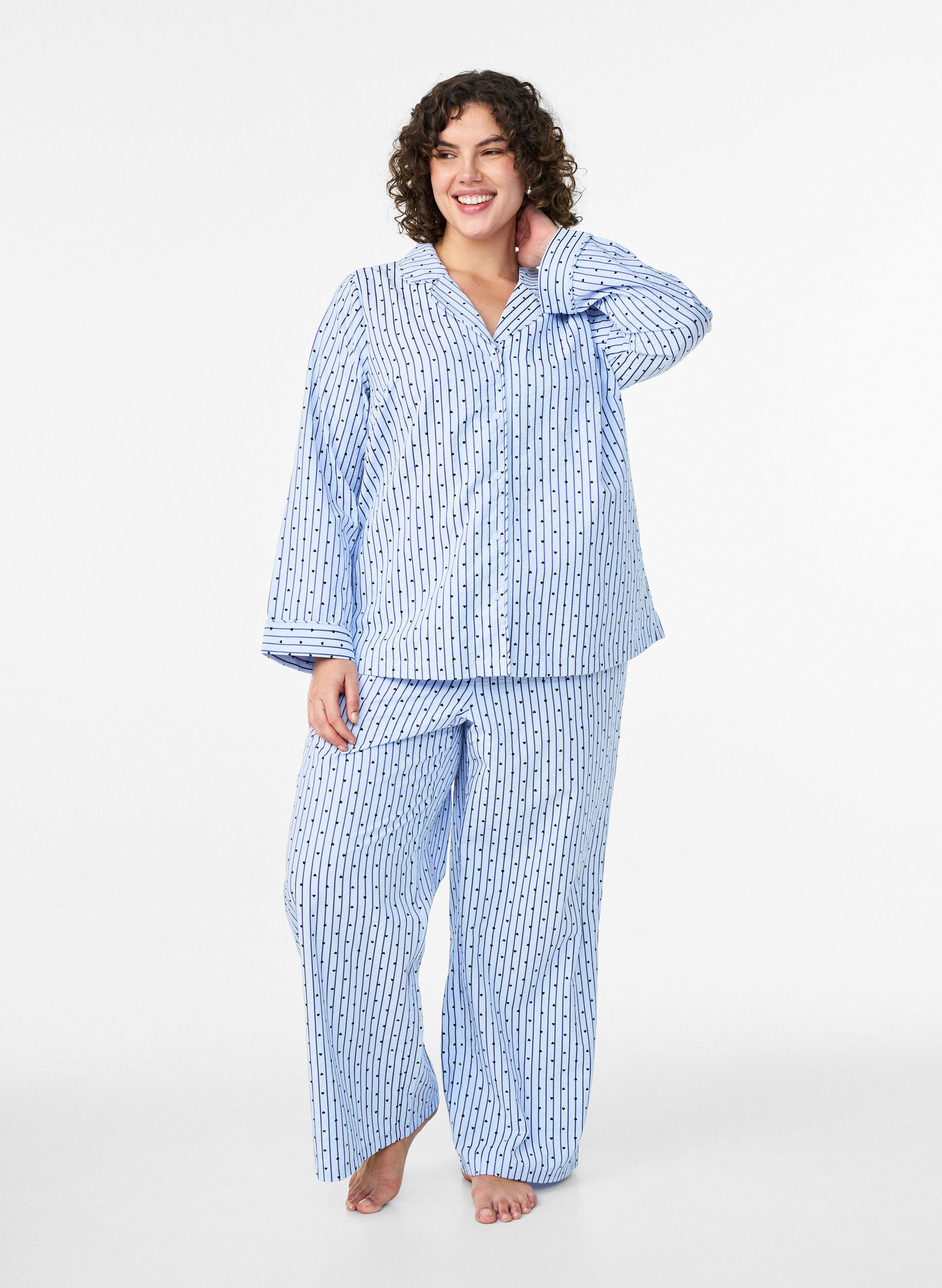 Zizzi Seersucker-pyjamapaita, jossa pitk&auml;t hihat, Sininen, Model image number 1