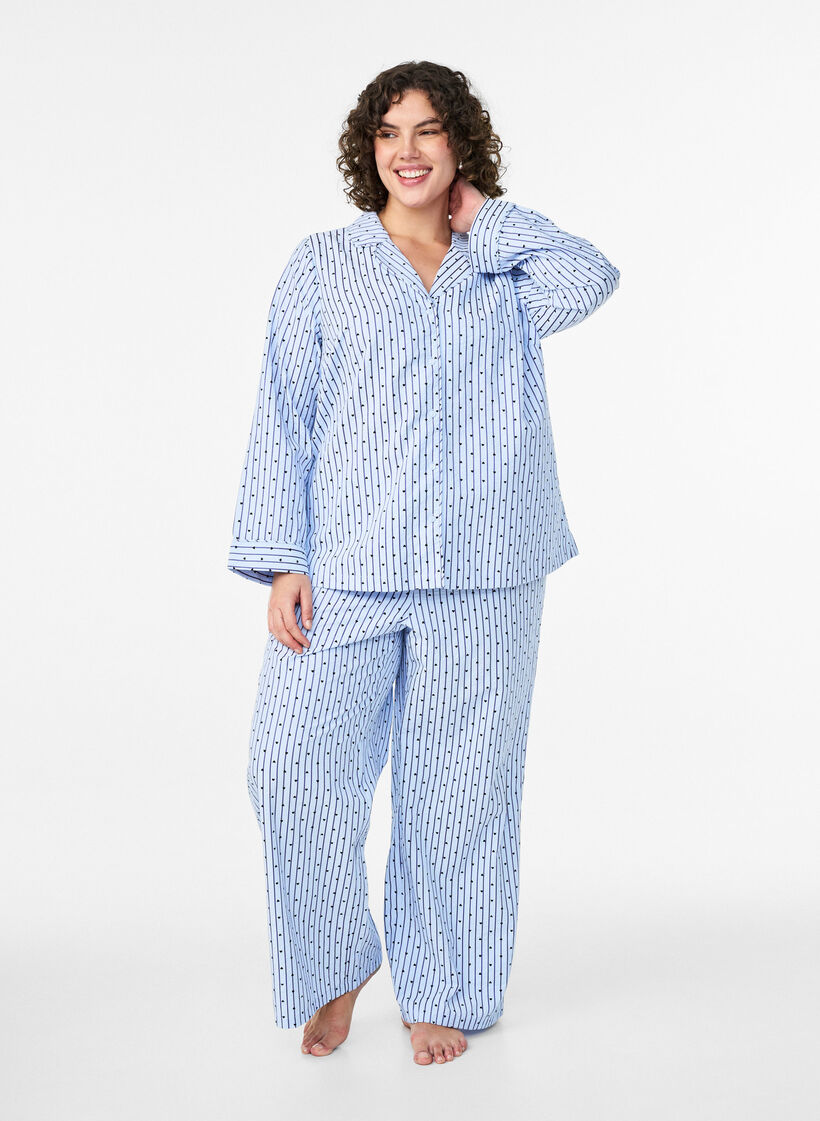 Seersucker-pyjamapaita, jossa pitk&auml;t hihat, Sininen, Model image number 1