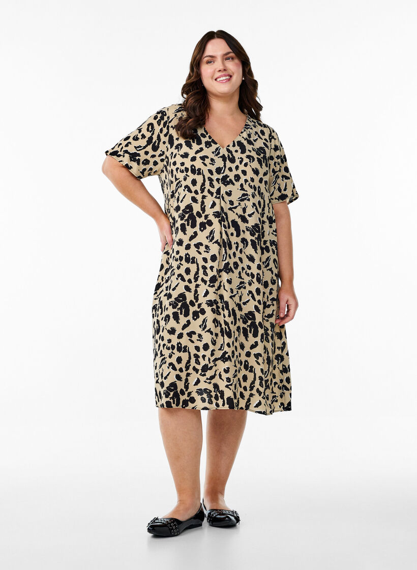 Viskoosi A-linjainen mekko, Beige, Model image number 1