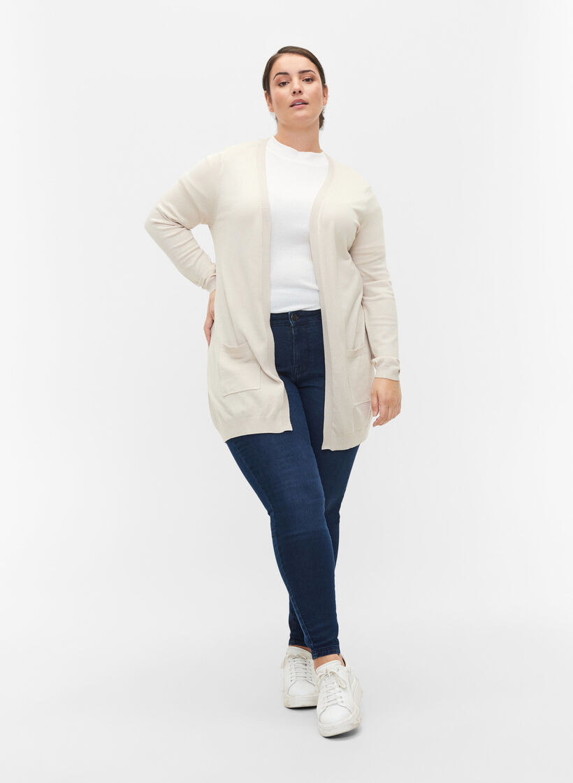 Pitk&auml; neuletakki viskoosisekoitteesta, Beige, Model image number 1