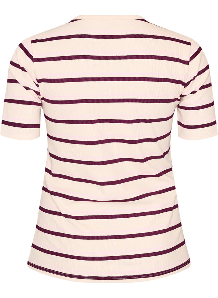 Raitakuosinen ribattu T-paita nappiyksityiskohdalla, Violetti, Packshot image number 1
