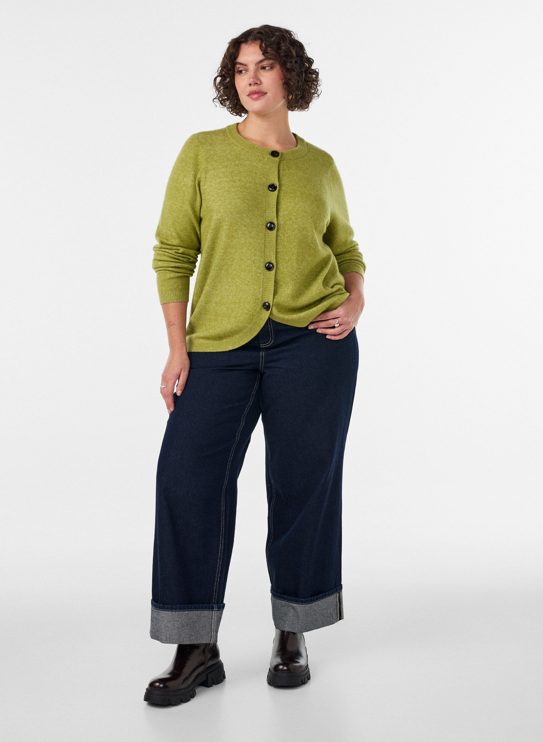ZizziNeuletakki napeilla ja py&ouml;ristetyll&auml; etuosalla, Vihre&auml;, Model image number 1