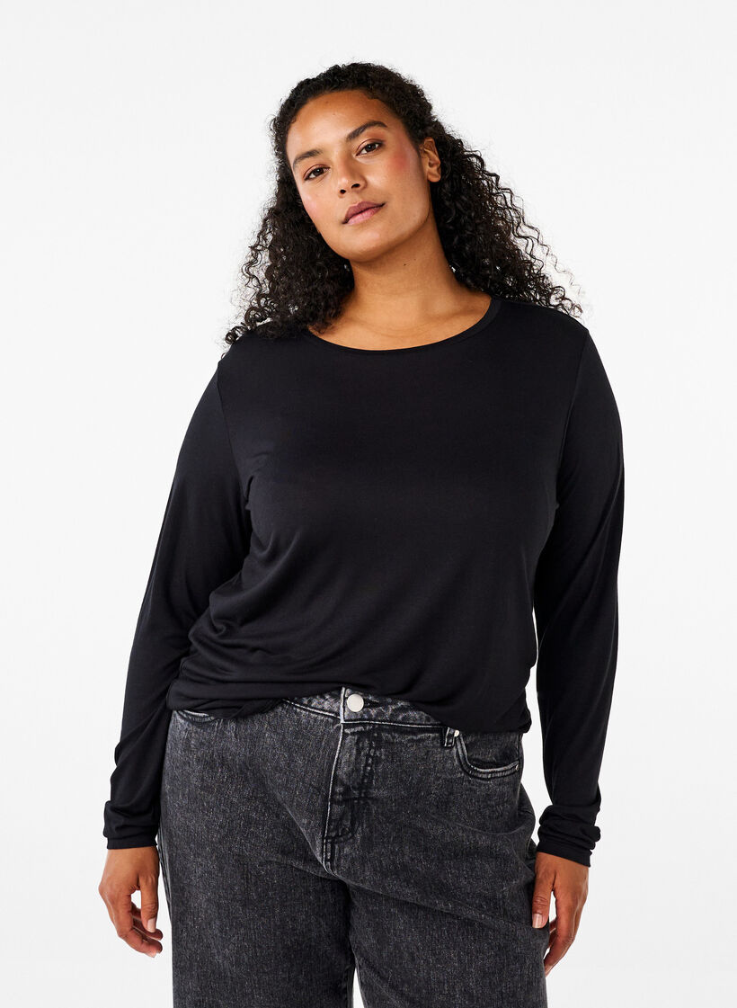 Pitk&auml;hihainen pusero villasta ja viskoosista, Musta, Model image number 0