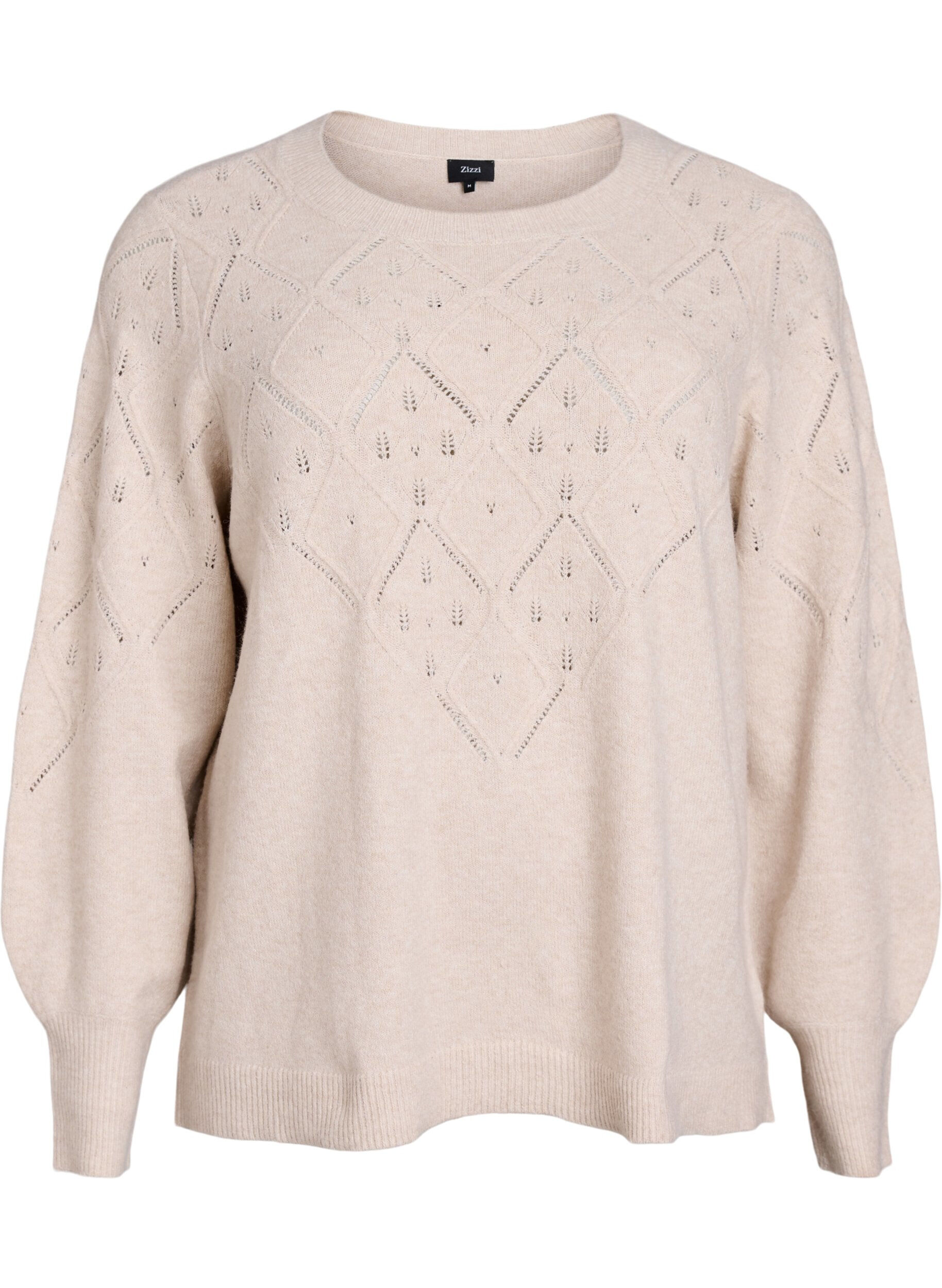 Neulottu yl&auml;osa avoimella kuviolla ja pallohihoilla