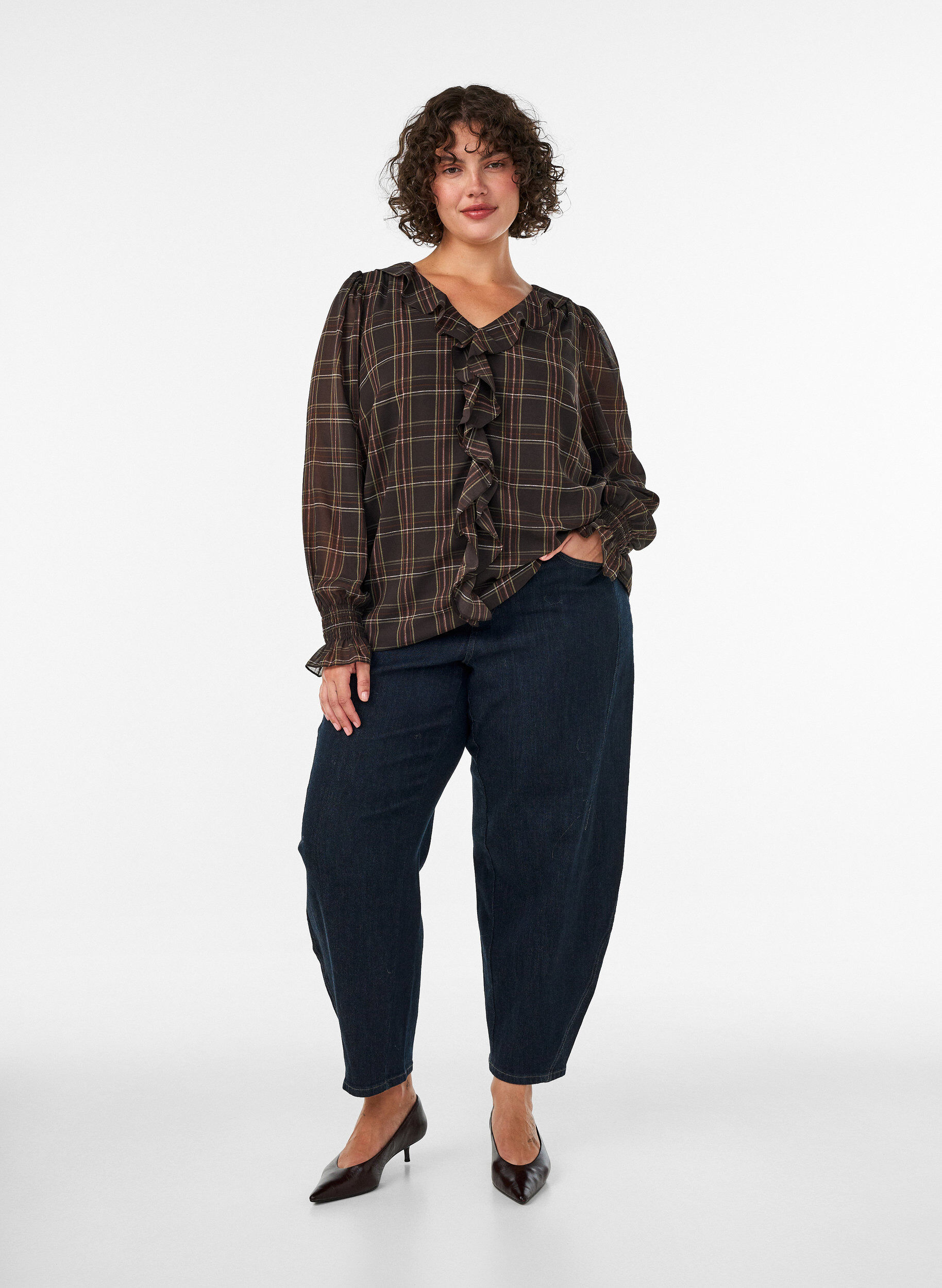 ZizziRuudullinen pusero r&ouml;yhel&ouml;yksityiskohdilla, Vihre&auml;, Model image number 1