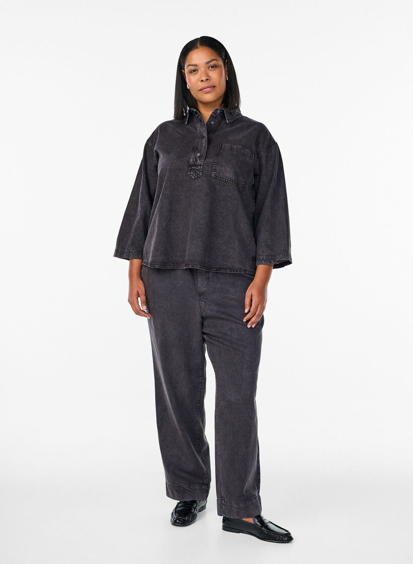 Leveät farkut joustavalla vyötäröllä, Harmaa, Model image number 0