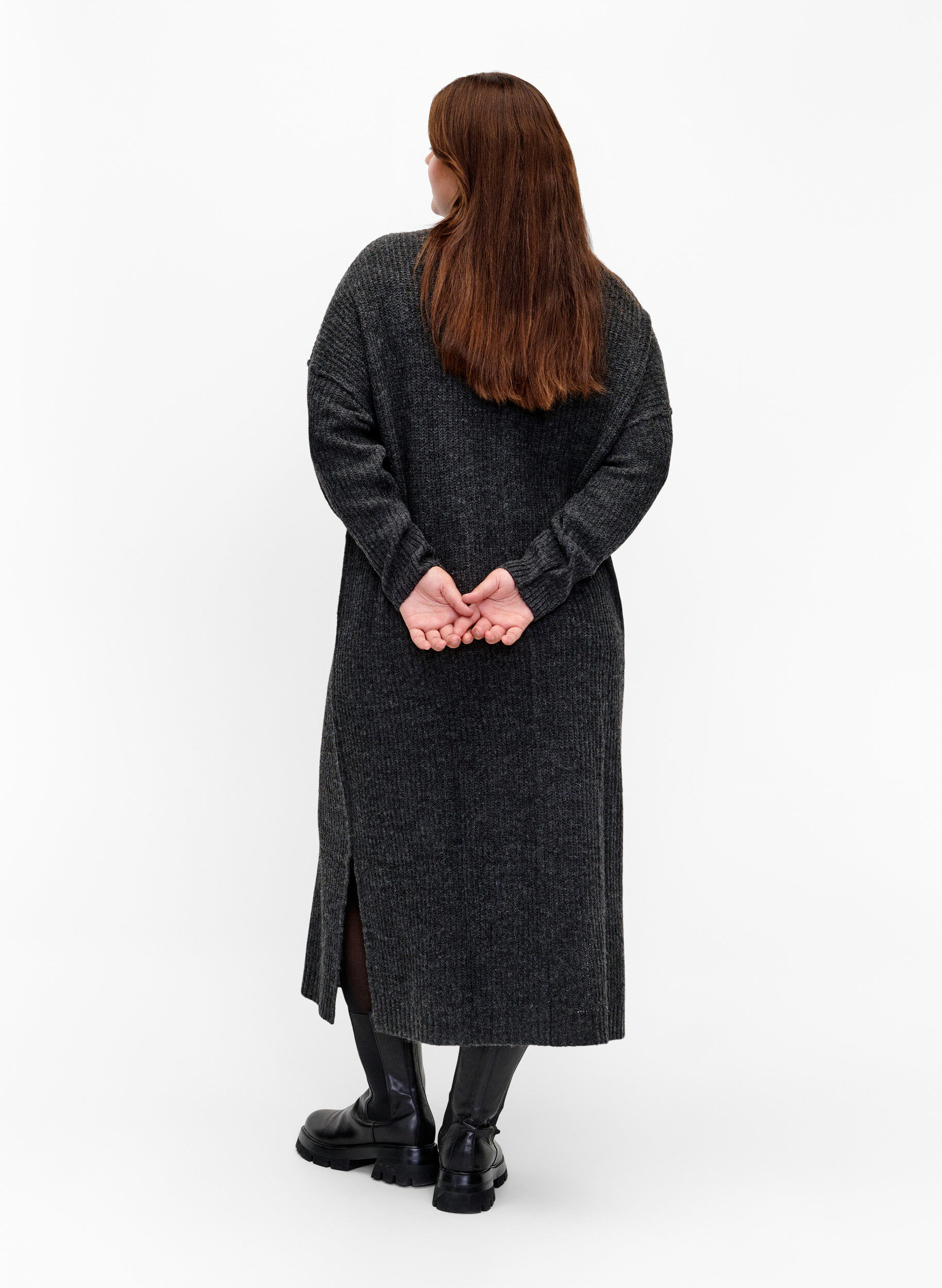 ZizziPitk&auml; ylisuuri neulemekko, jossa on halkio, Harmaa, Model image number 1