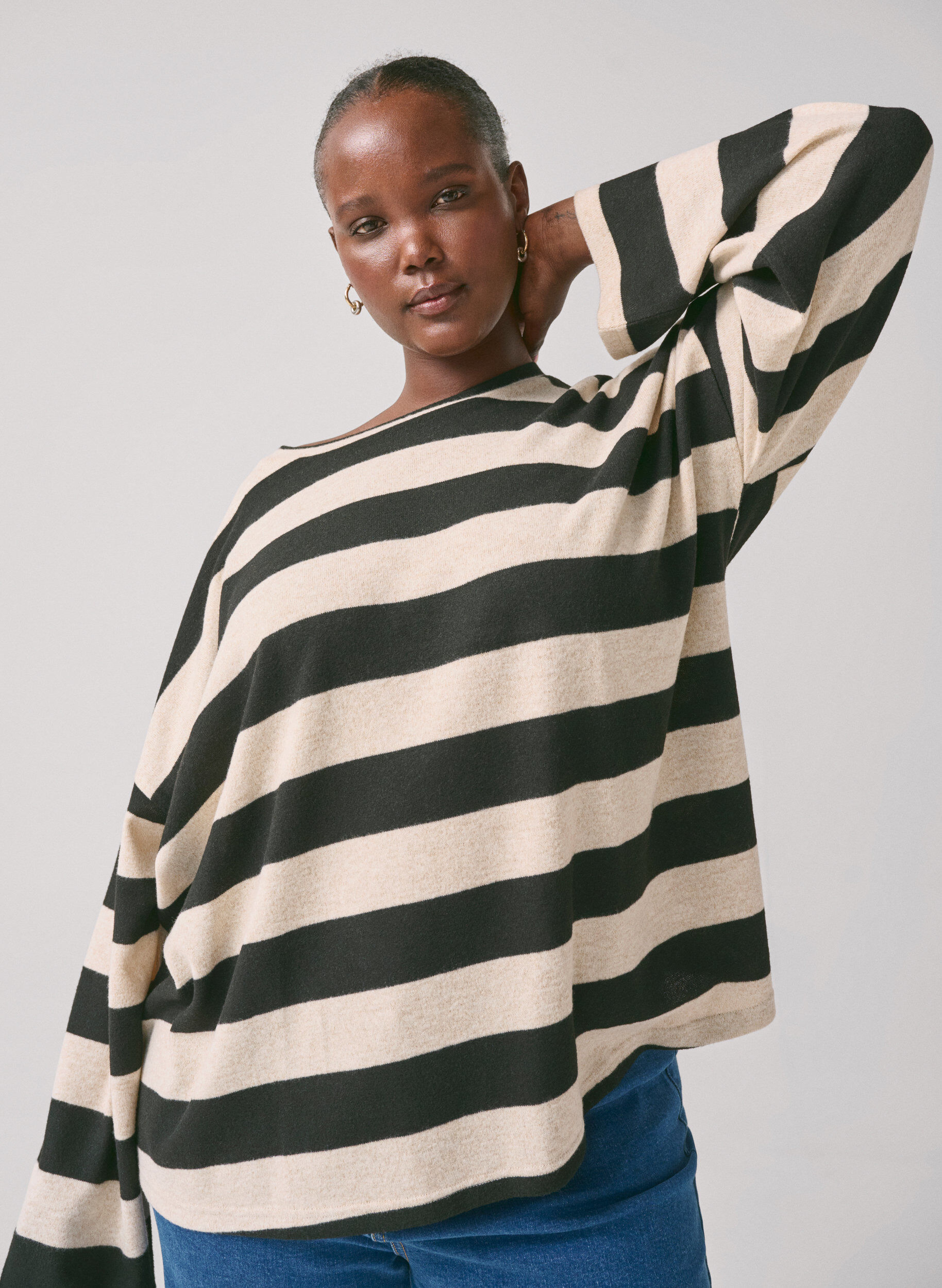 Zizzi Pitk&auml;hihainen raidallinen pusero, Bl. Beige Mel.Stripe, Image image number 0