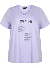 Puuvillainen t-paita v-pääntiellä ja tekstillä, Lavender w. Text