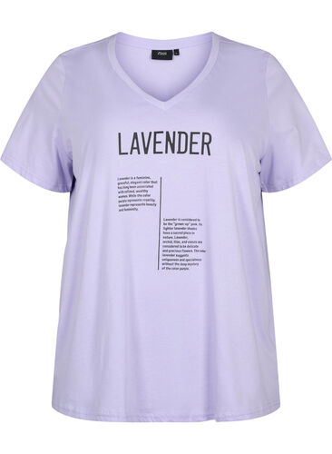 Puuvillainen t-paita v-pääntiellä ja tekstillä, Lavender w. Text, Packshot image number 0