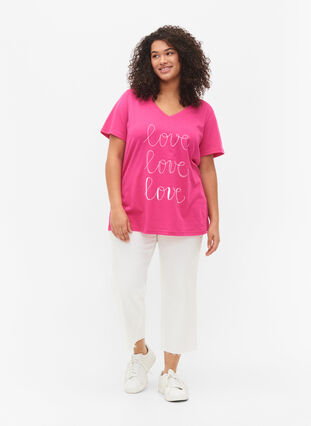 Puuvillainen t-paita v-pääntiellä ja printillä, Fuchsia Purple Love, Model image number 2
