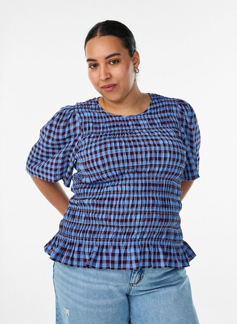 Smokkiblouse gingham -ruudullisella kuosilla ja r&ouml;yhel&ouml;helmalla, Sininen, Model image number 0