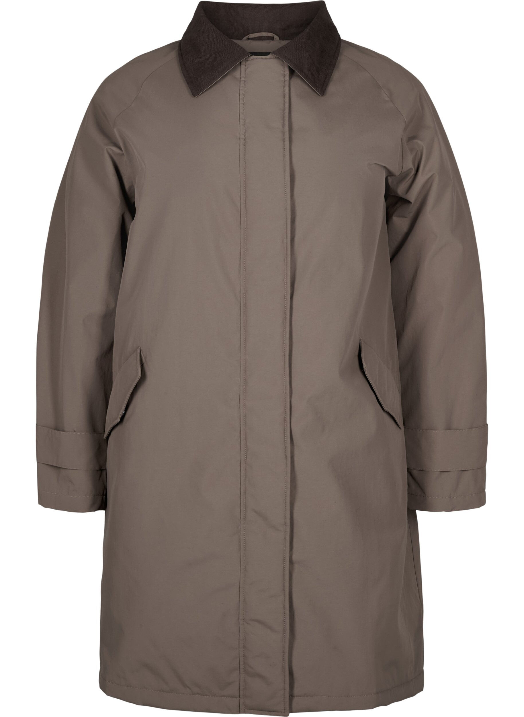 Zizzi Siirtym&auml;kauden takki, jossa on samettikaulus ja taskut, Chocolate Chip, Packshot image number 0