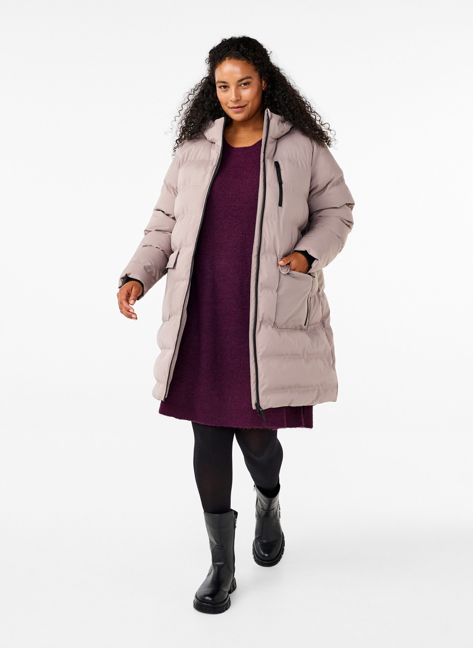 Zizzi Puffer-takki hupulla ja taskuilla, Beige, Model image number 1