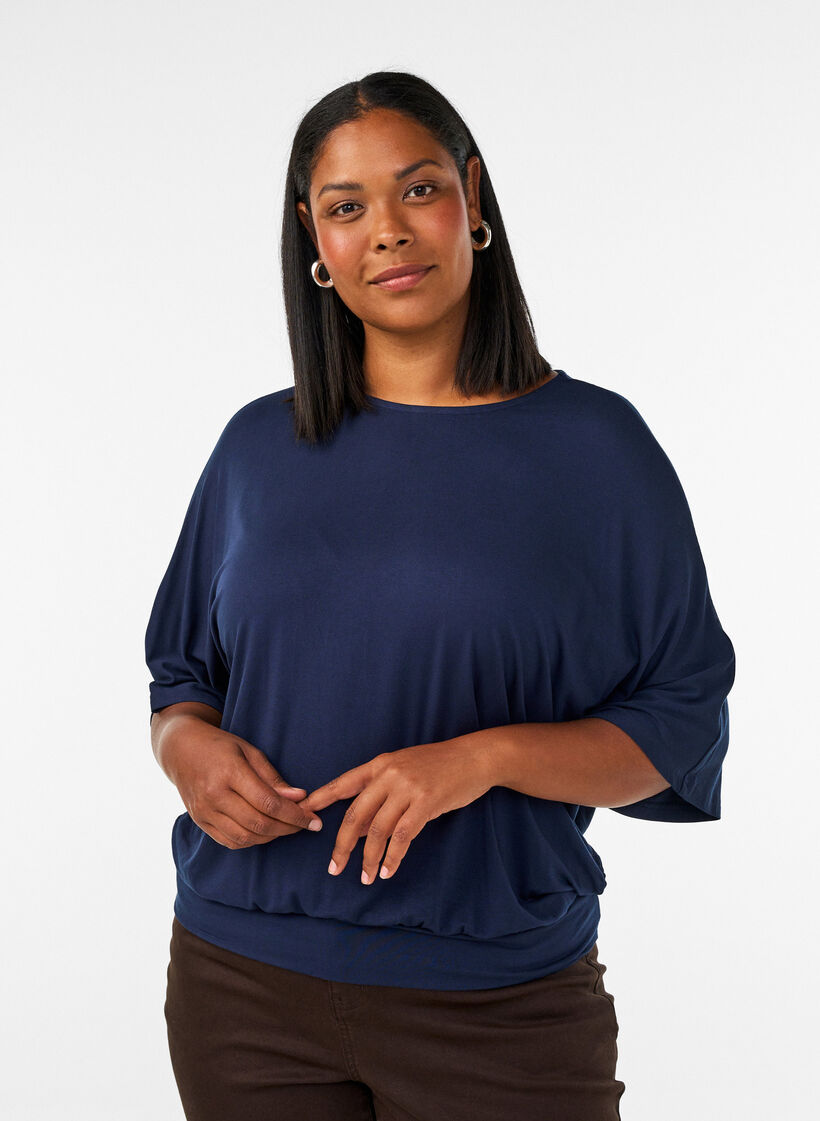 Jerseypusero kyyn&auml;rpituisilla pallohihoilla, Sininen, Model image number 0