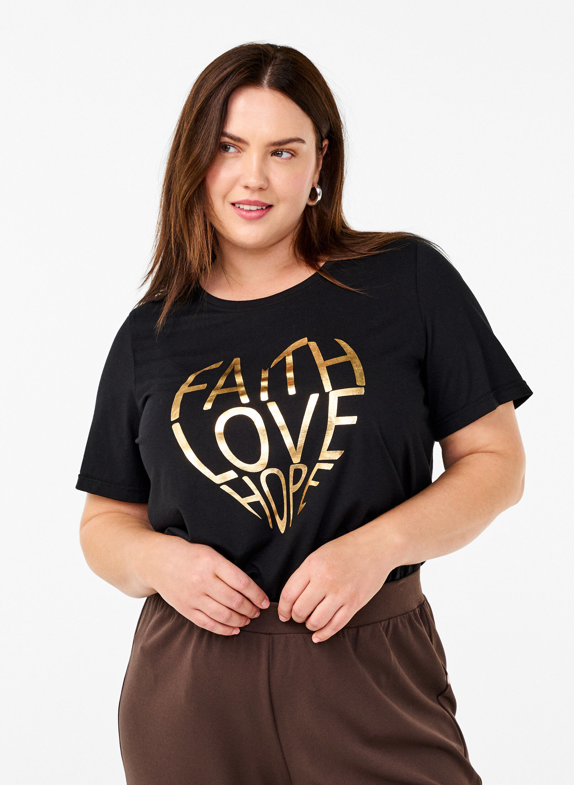 Zizzi FLASH &ndash; kuviollinen t-paita, Black Gold Faith, Model image number 0