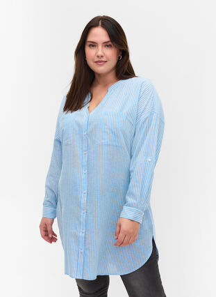 Raidallinen paita 100% puuvillasta, Lichen Blue Stripe , Model image number 0