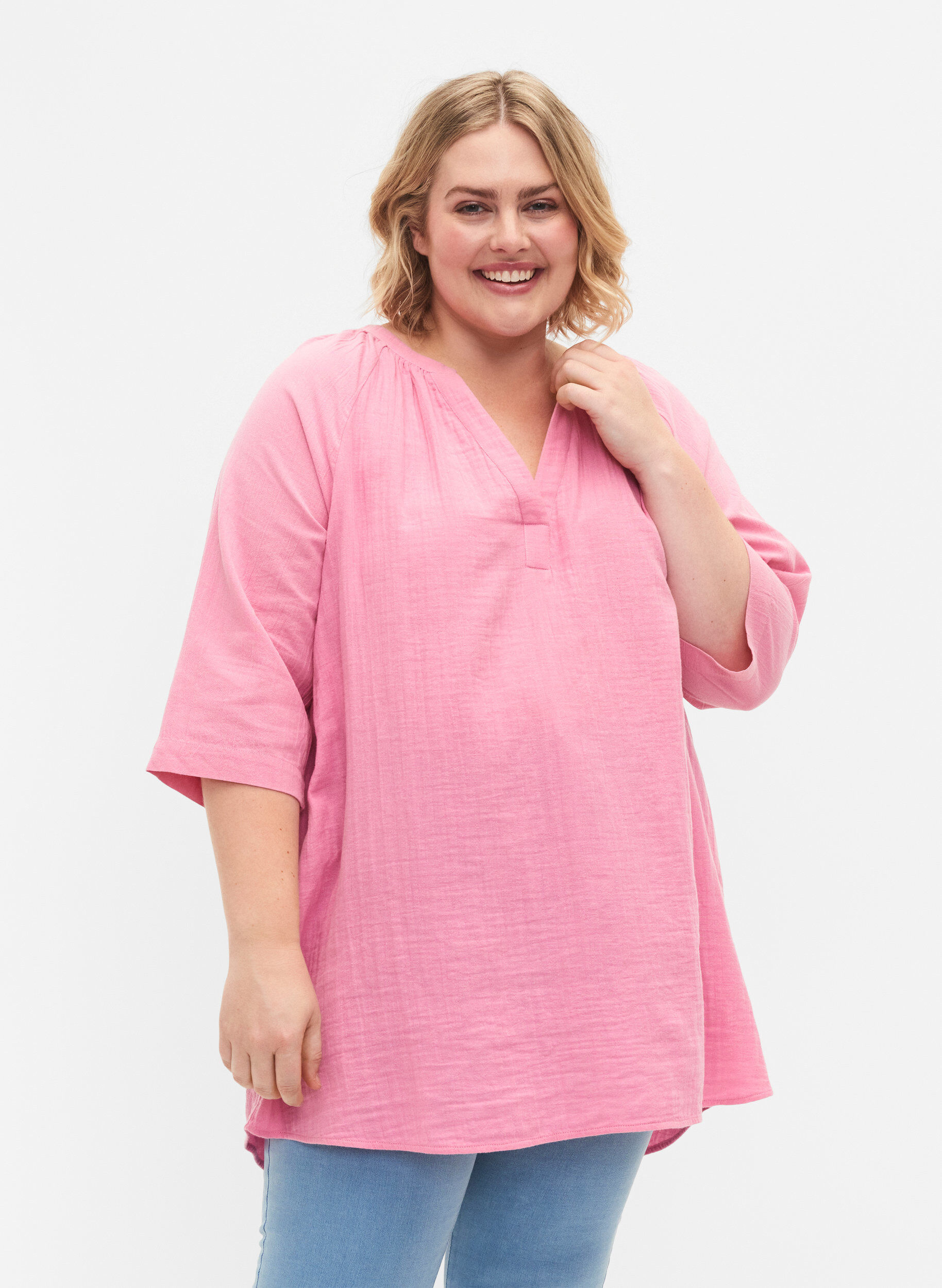 Zizzi 3/4-hihainen puuvillatunika, Rosebloom, Model image number 0