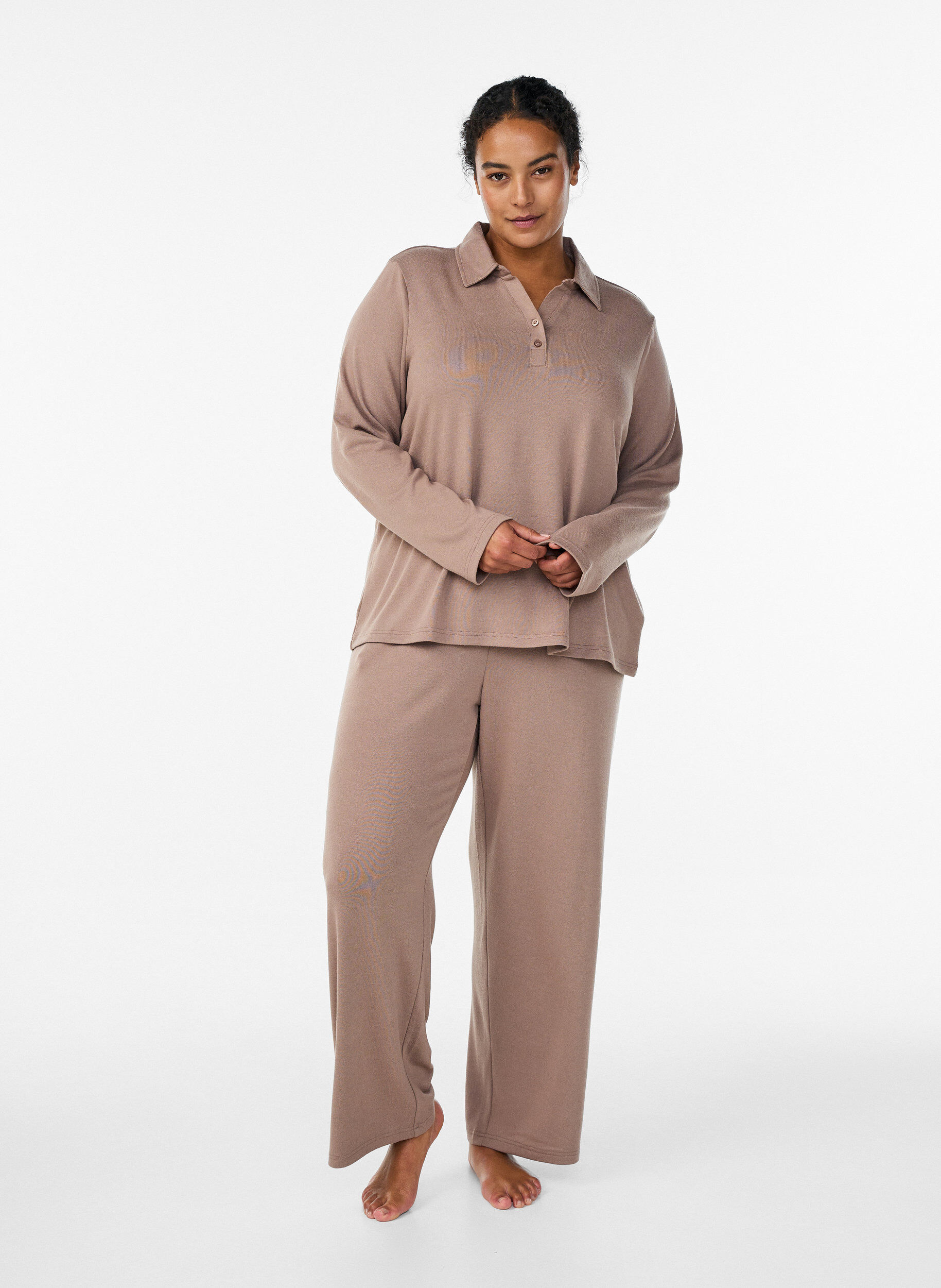 Zizzi Pitk&auml;hihainen kauluksellinen trikoopaita, Ruskea, Model image number 1