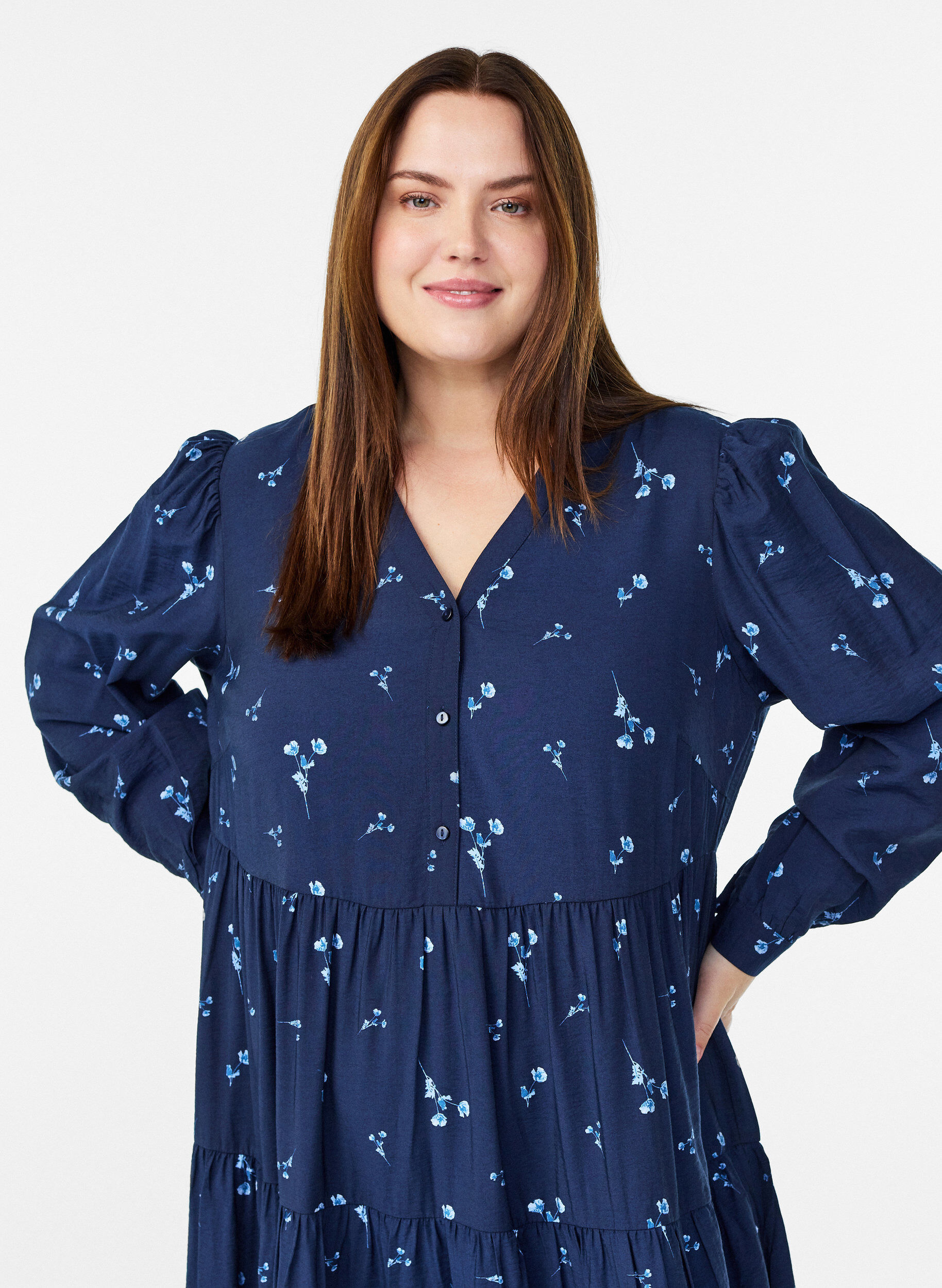 Zizzi Midimekko v-p&auml;&auml;ntiell&auml; ja a-linjaisella leikkauksella, Sininen, Model image number 2