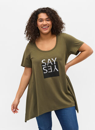 Lyhythihainen puuvillainen t-paita a-mallissa , Ivy Green YES, Model image number 0