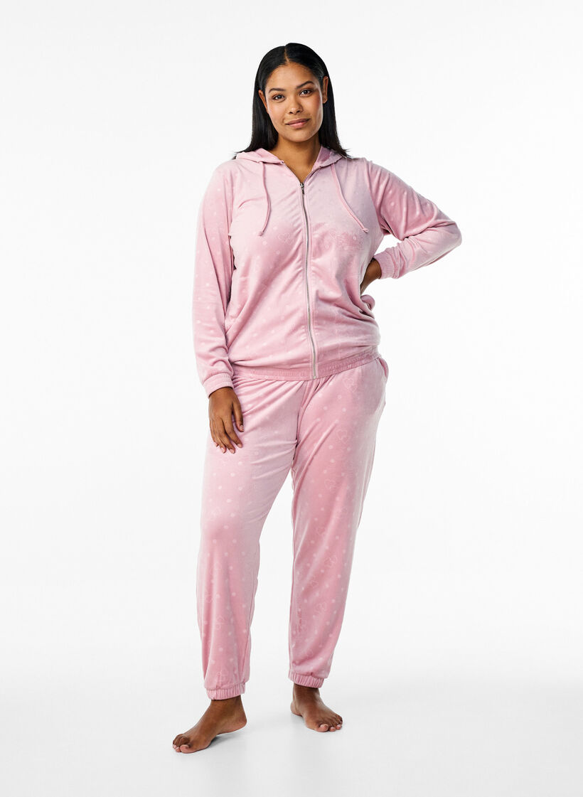 Velour-neuletakki hupulla ja taskuilla, Vaaleanpunainen, Model image number 1