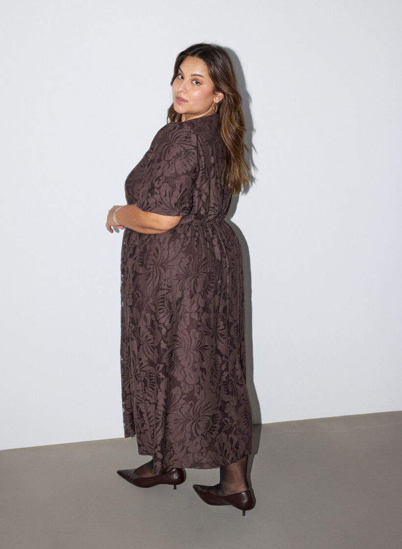 Midimekko kukkakuvioisesta jacquardista, Ruskea, Model image number 1